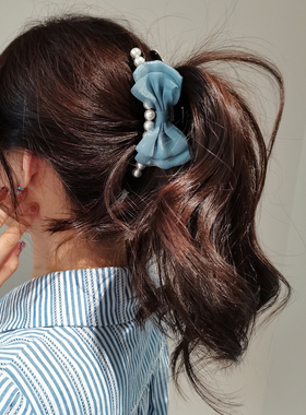 aidemoli韩国进口发饰双层薄纱粉色黑色蝴蝶结珍珠公主发抓鲨鱼夹