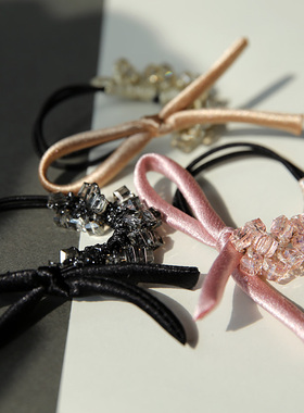 leryae韩国进口发饰仿水晶粉色香槟黑色蝴蝶结双股皮筋发圈发绳