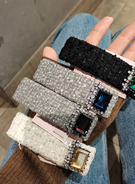 aidemoli韩国进口发饰L家高端粗花呢方形宝石水钻发夹边夹弹簧夹