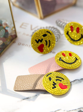 aidemoli精美饰品发饰韩国进口满钻黄色笑脸电话发圈BB夹发夹