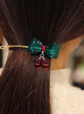 韩国进口发饰AZNAVOUR/AZ透明色樱桃圆球蝴蝶结一字长夹子发夹