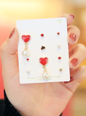 韩国进口 饰品 红色 爱心 桃心 珍珠 钻饰 一组耳钉 耳饰