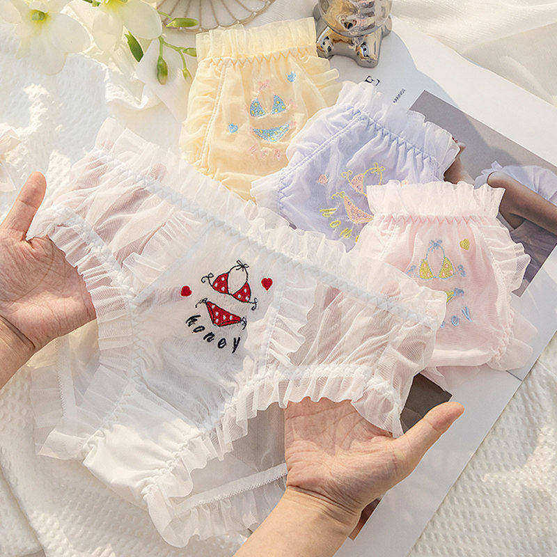 轻薄蕾丝性感内裤少女比基尼刺绣日系甜美中腰纯欲网纱三角裤夏季