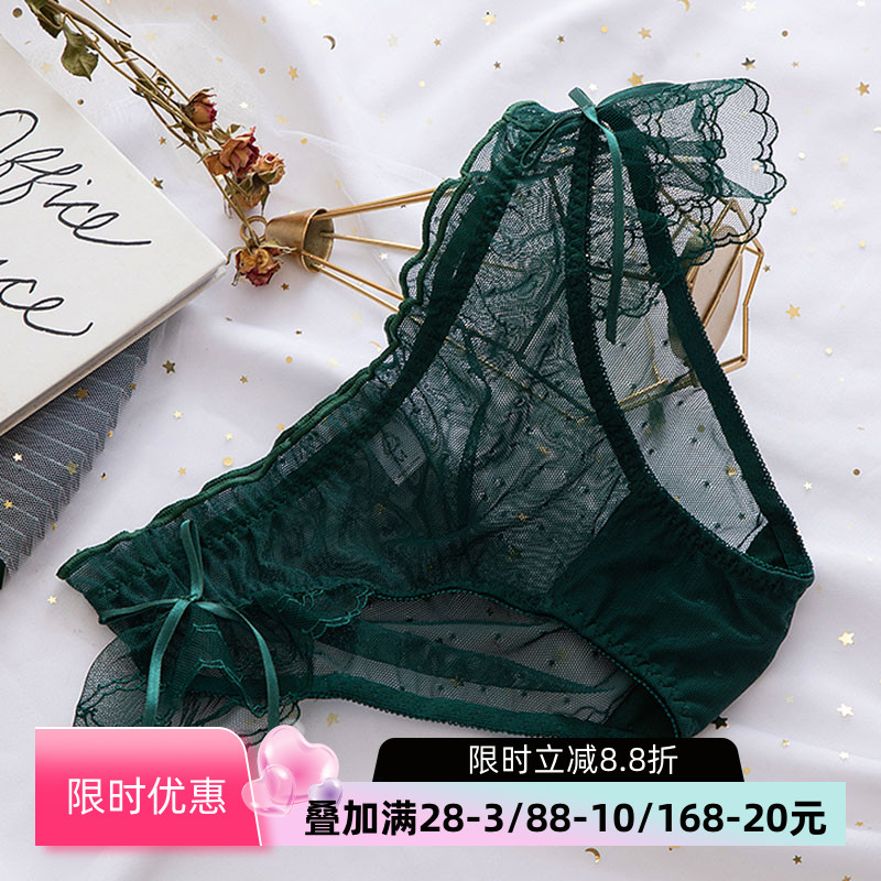 蝴蝶结花边网纱透明中低腰三角裤