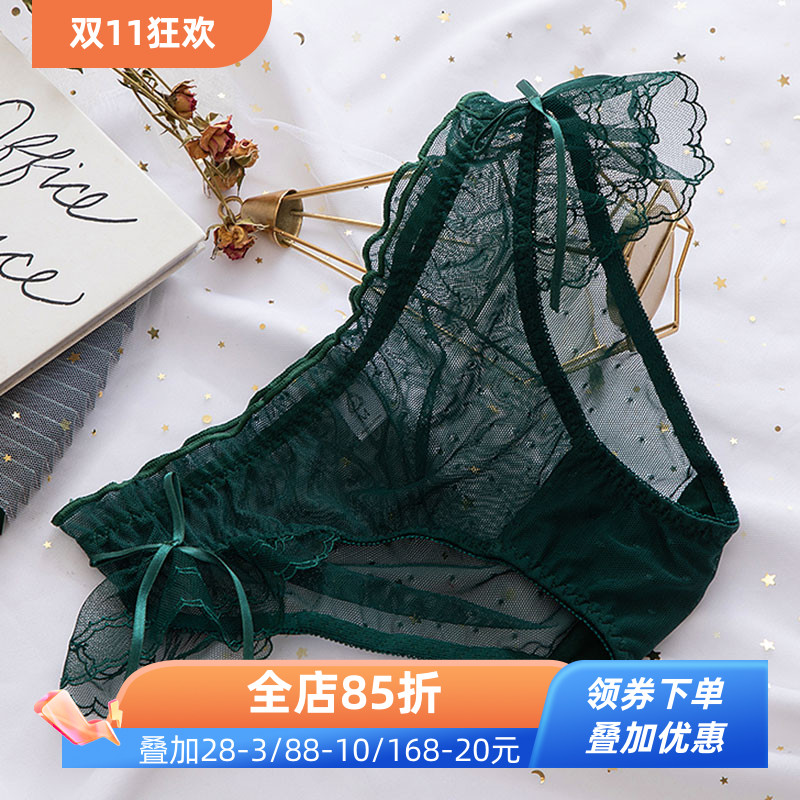 日系可爱蝴蝶结内裤女士性感蕾丝花边网纱透明中低腰女士三角裤