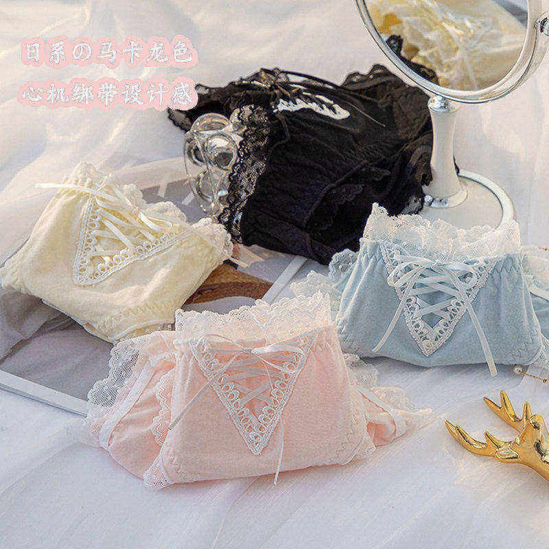 日系绑带纯棉内裤少女纯色甜美小心机蕾丝花边棉裆中腰三角裤春夏