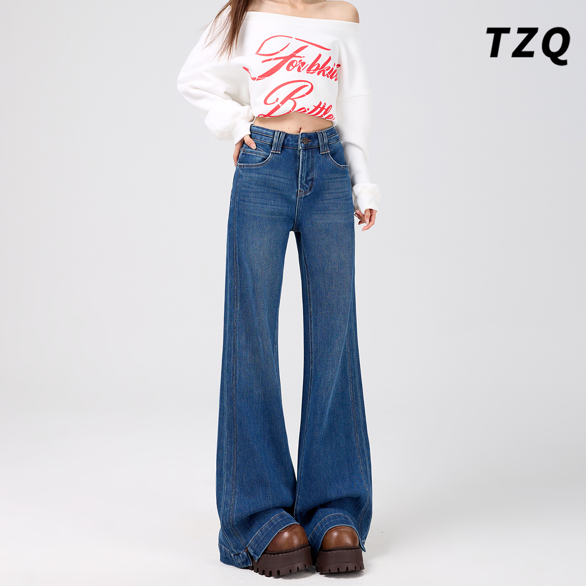 加绒高腰宽松显瘦不贴腿喇叭裤子