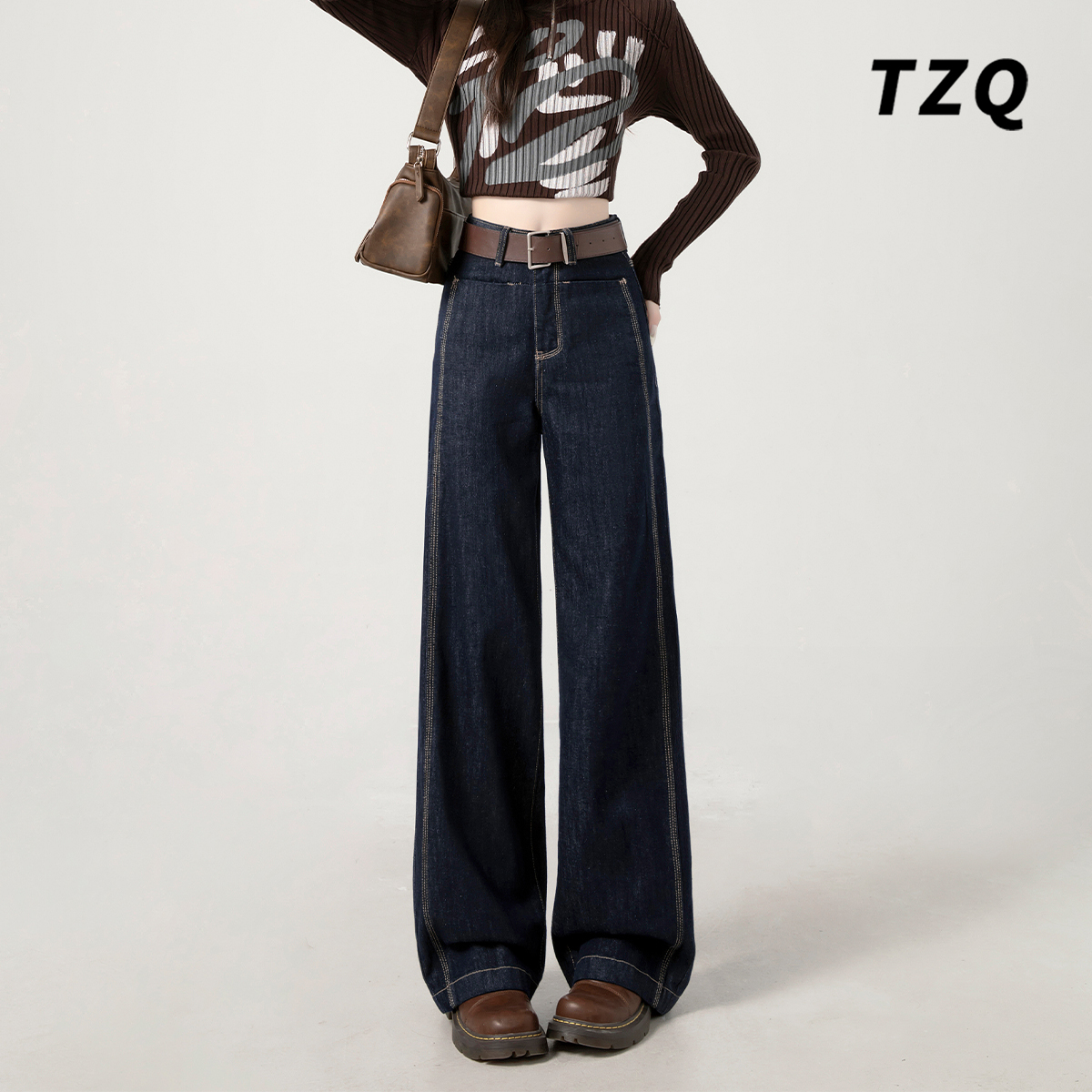 高腰小众宽松复古丹宁蓝牛仔裤女