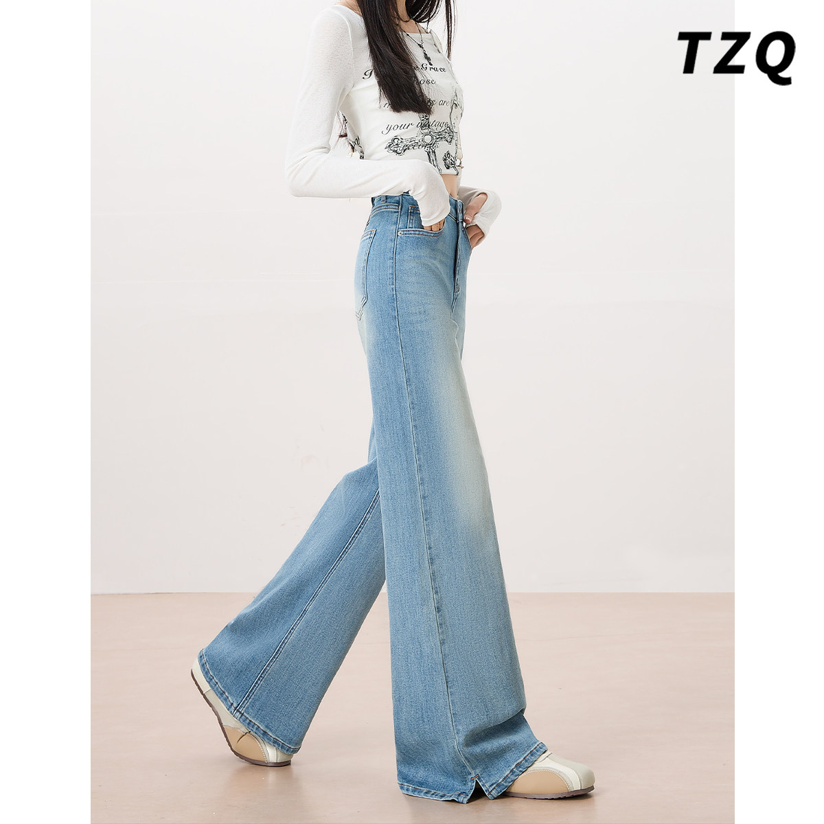 美式浅蓝色阔腿牛仔裤女2026春季图片