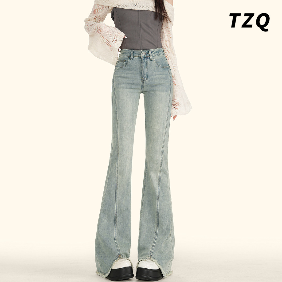 显瘦设计感开叉毛边马蹄喇叭裤子