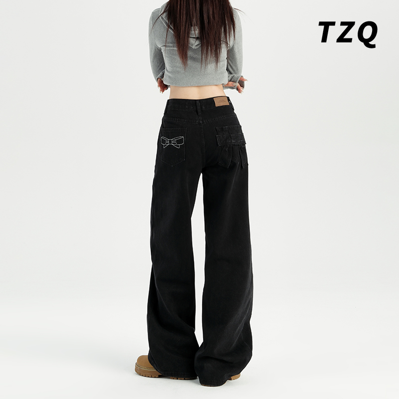 韩系黑色窄版直筒牛仔裤女2025秋