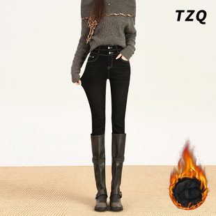 紧身收腹长靴铅笔裤 高腰显瘦修身 女秋冬款 加绒黑色弹力小脚牛仔裤