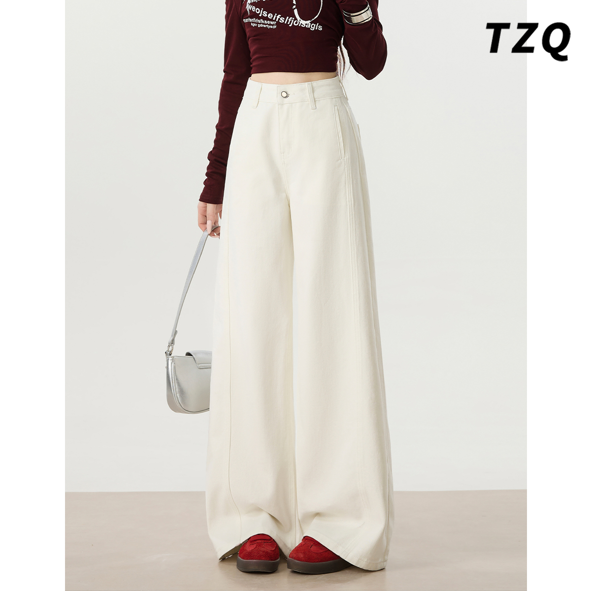 时尚拼接高腰宽松显瘦垂感直筒裤