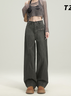 纯棉军绿色美式弯刀工装裤女2026春季爆款高腰显瘦宽松直筒牛仔裤