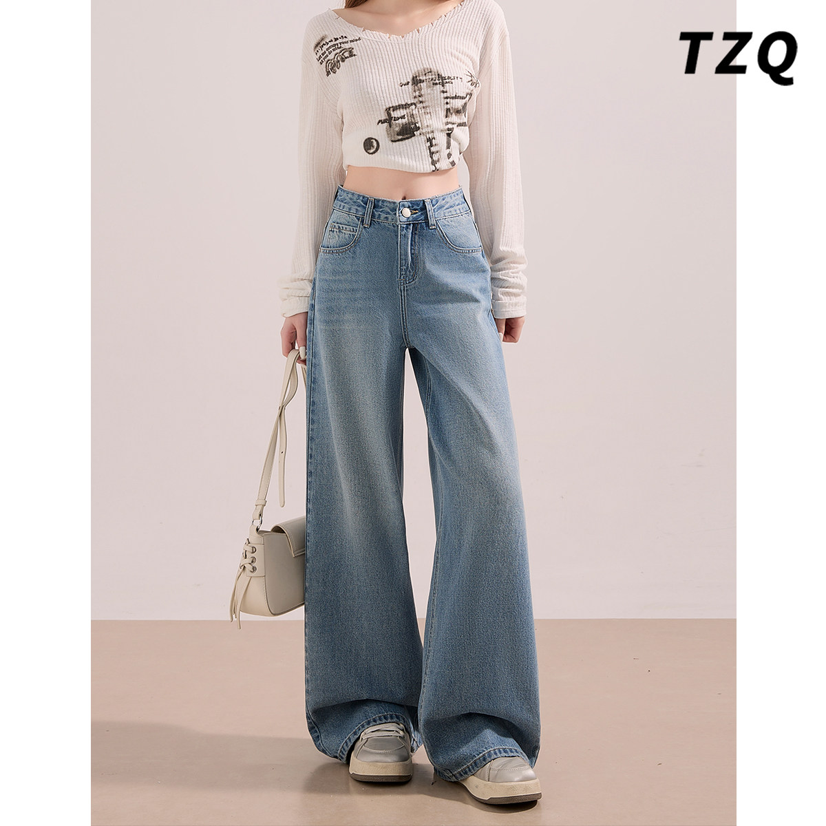 蓝色复古阔腿牛仔裤女2026春季新款高腰宽松显瘦垂感拖地直筒裤子,女装/女士精品,牛仔裤,淘宝优惠券,粉丝福利购,淘宝优惠卷