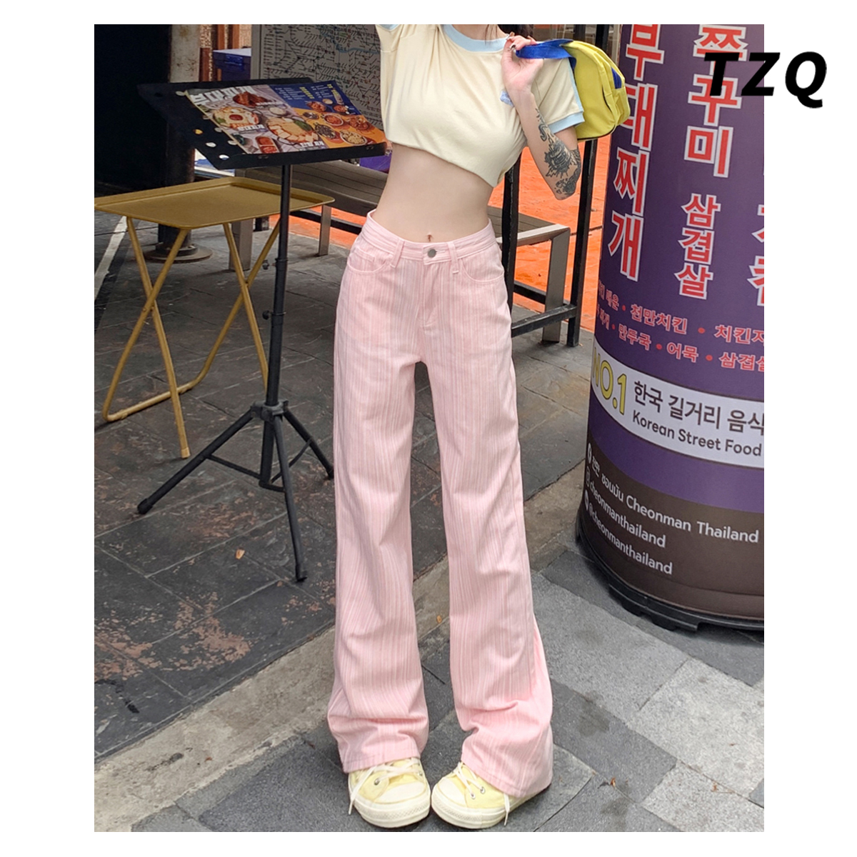 粉色竖条纹直筒牛仔裤子春季爆款