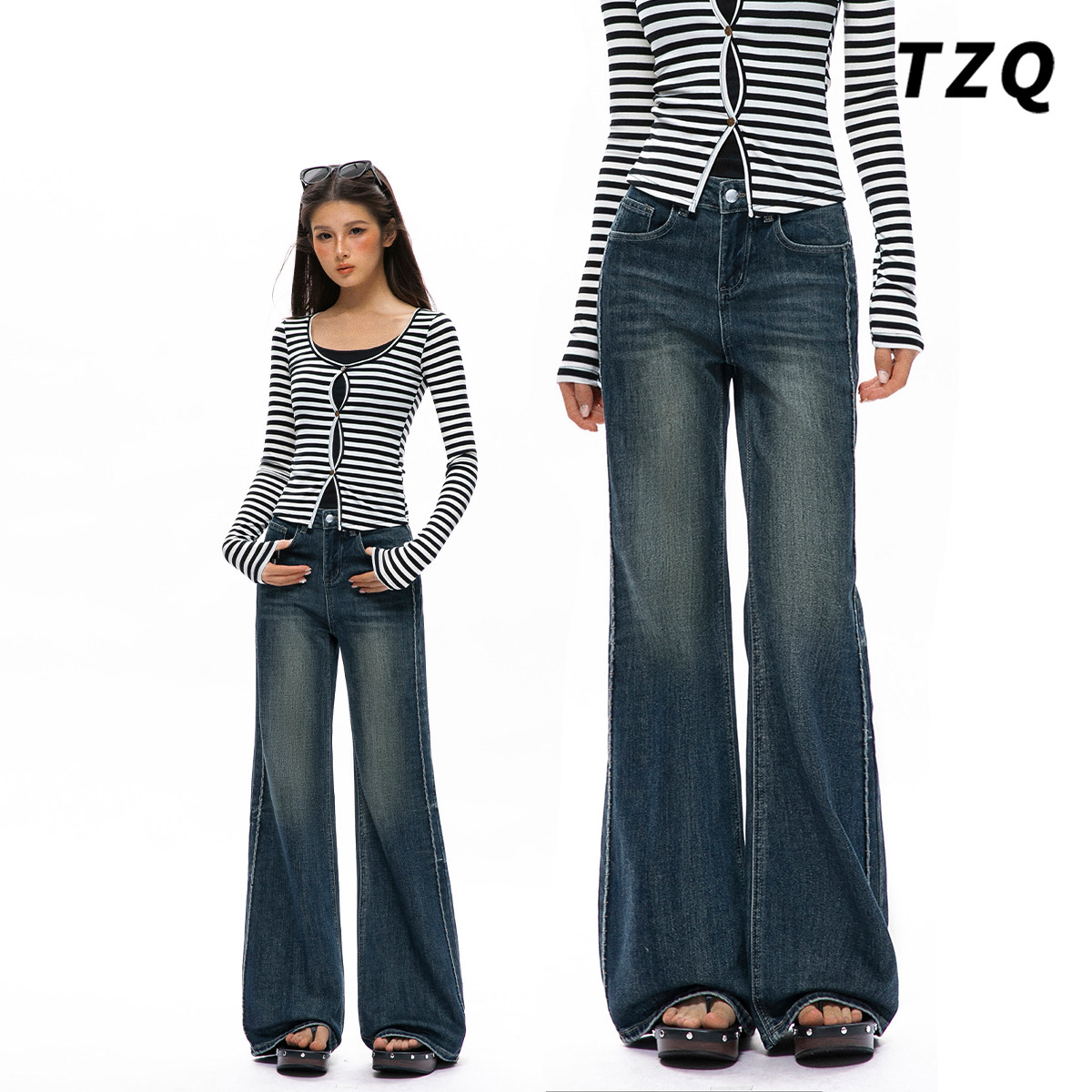 复古锁边设计不贴腿微喇牛仔裤女2026新款加绒高腰显瘦拖地喇叭裤,女装/女士精品,牛仔裤,淘宝优惠券,粉丝福利购,淘宝优惠卷