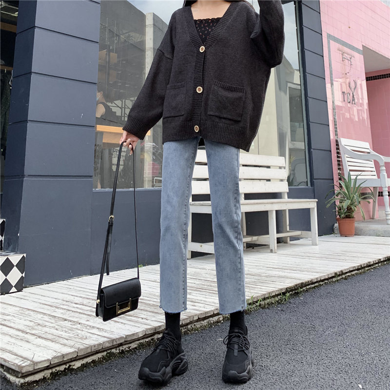 直筒加绒牛仔裤女宽松烟筒高腰显瘦2020年秋冬季新款烟管裤子外穿