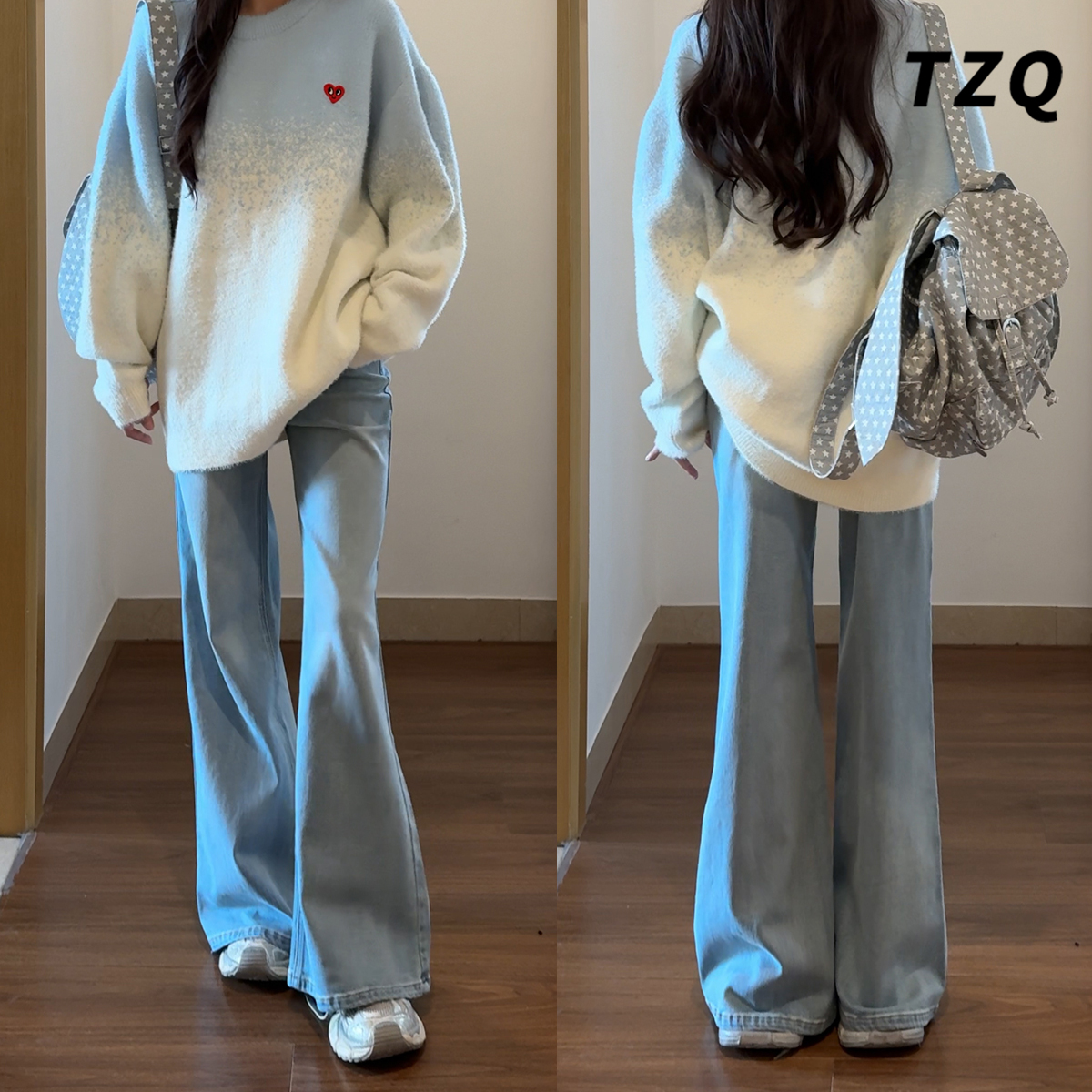 淘稚气黑色不贴腿微喇牛仔裤女冬