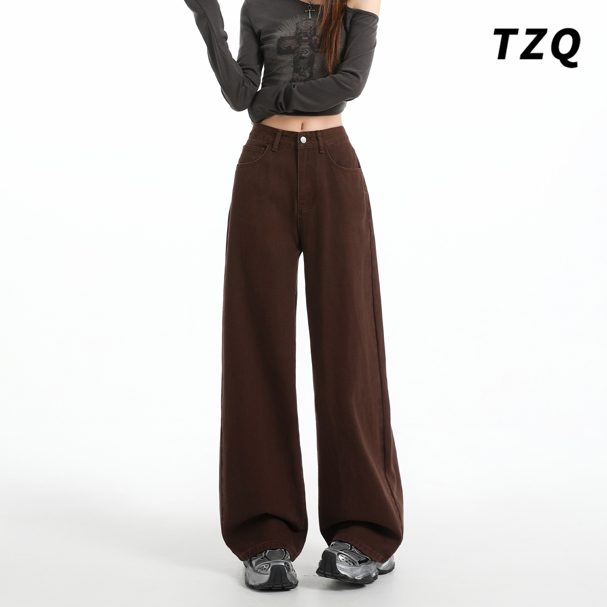 加绒高腰宽松显瘦垂感拖地直筒裤