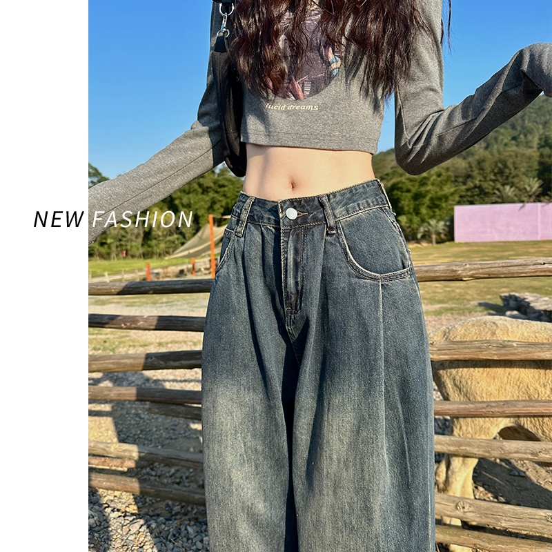 韩版褶皱阔腿牛仔裤女春秋2025新