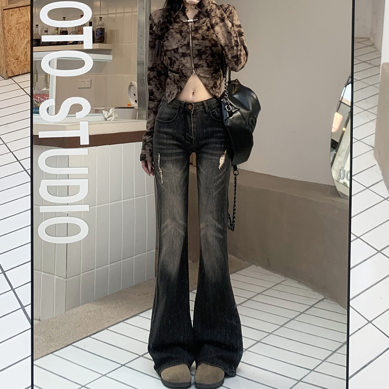 灰棕色高腰微喇牛仔裤女马蹄裤子