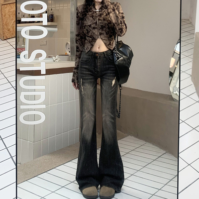 灰棕色高腰微喇牛仔裤女马蹄裤子