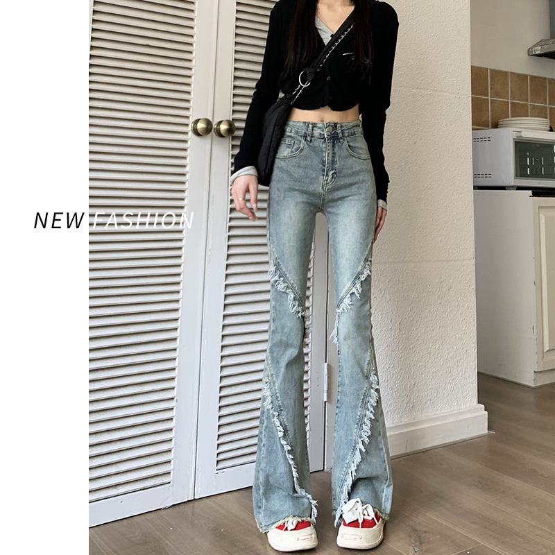 复古微喇牛仔裤女夏季2023年新款春秋马蹄裤高腰毛边喇叭裤子秋季