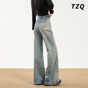 小个子复古加绒阔腿牛仔裤女2025秋冬做旧宽松显瘦直筒垂感拖地裤