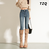 铅笔裤 复古高腰加绒小脚牛仔裤 子 显瘦紧身长靴裤 修身 女秋冬季 新款