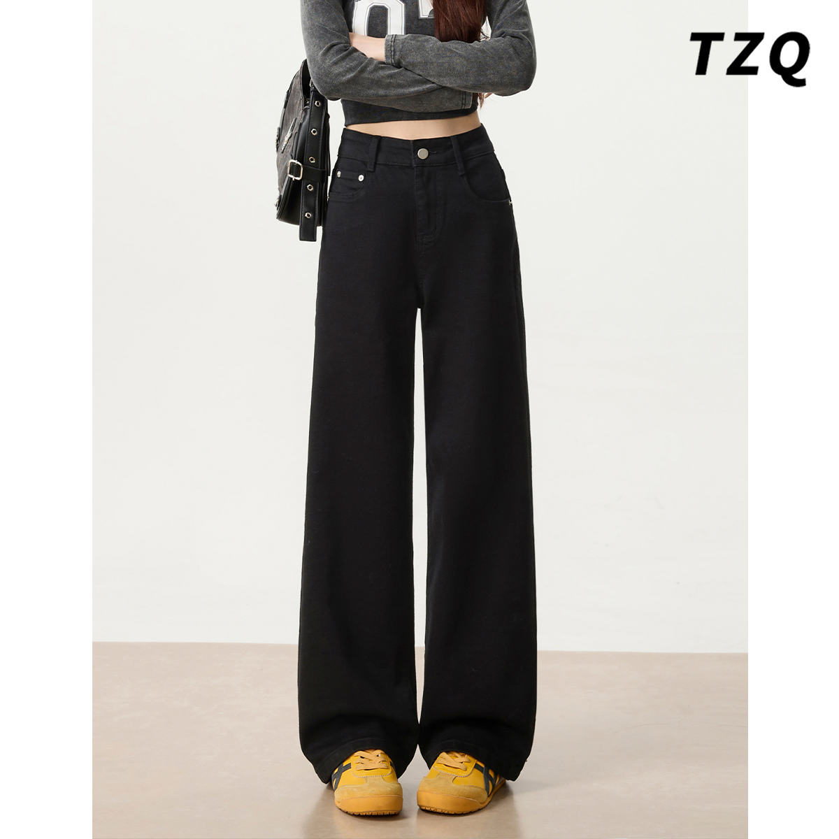 新款高腰宽松显瘦垂感拖地直筒裤