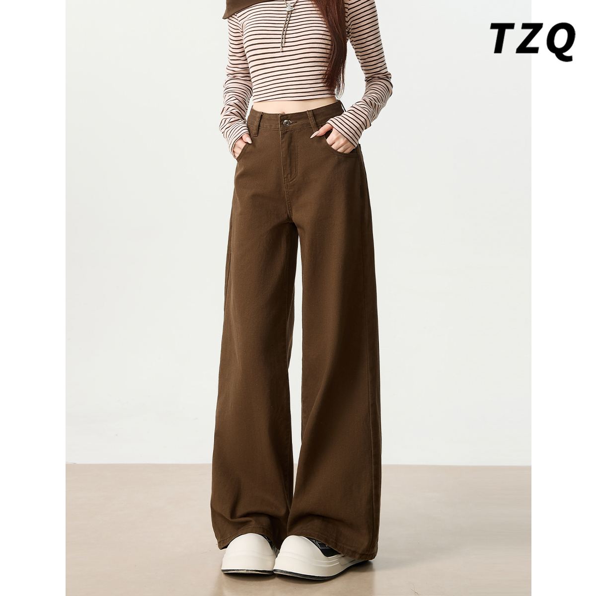 街头时尚高腰显瘦宽松拖地直筒裤