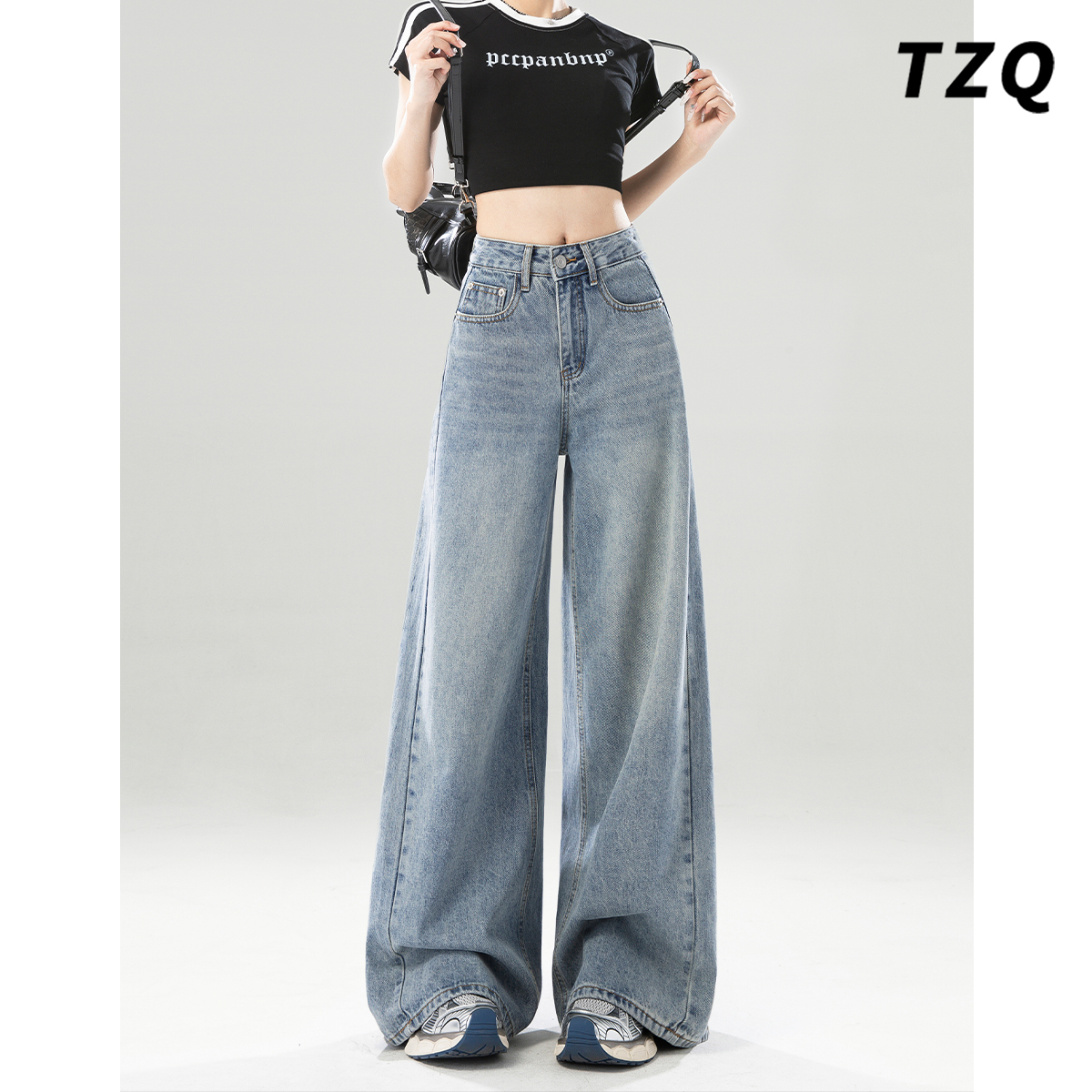 美式蓝色垂感阔腿牛仔裤女2025