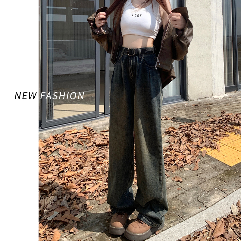 水泥灰阔腿牛仔裤女2025新款小个