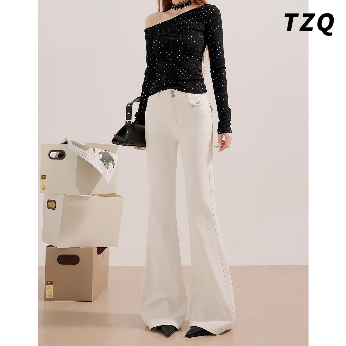 米白色美式微喇牛仔裤女2026春季高腰修身显瘦不贴腿马蹄喇叭裤子,女装/女士精品,牛仔裤,淘宝优惠券,粉丝福利购,淘宝优惠卷