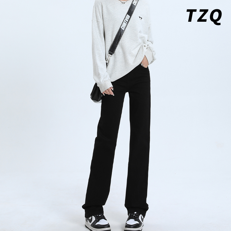 新款百搭高腰显瘦修身拖地直筒裤