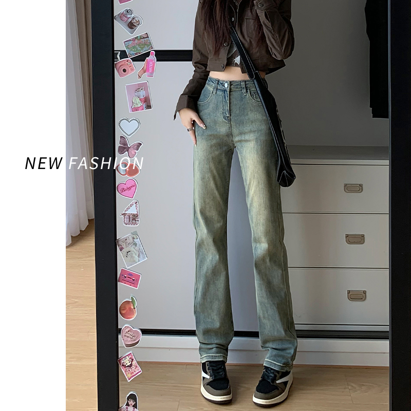 复古直筒牛仔裤女秋冬2023年新款美式高腰小个子窄版阔腿裤子秋季