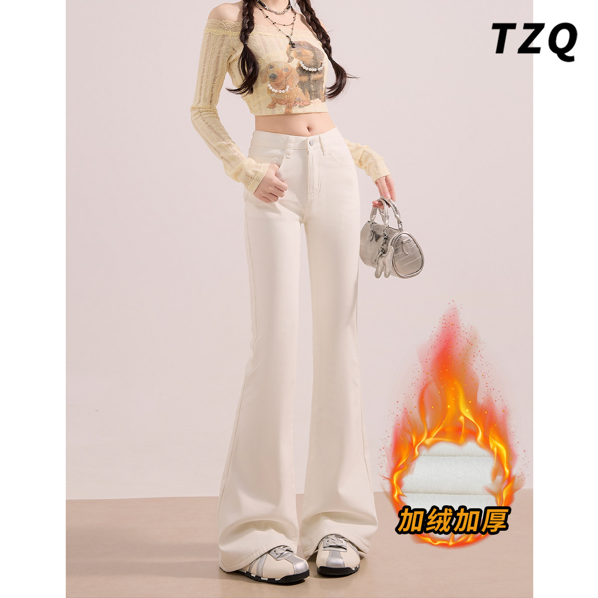 白色加绒不贴腿微喇牛仔裤女2025秋冬季时尚百搭修身显瘦喇叭裤子,女装/女士精品,牛仔裤,淘宝优惠券,粉丝福利购,淘宝优惠卷