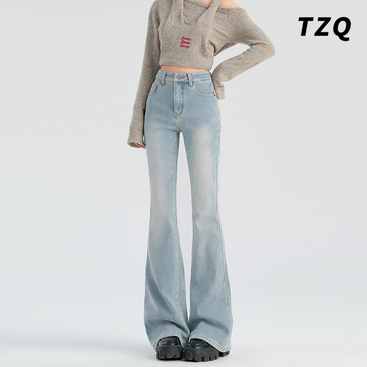 高腰修身显瘦小个子拖地喇叭裤子