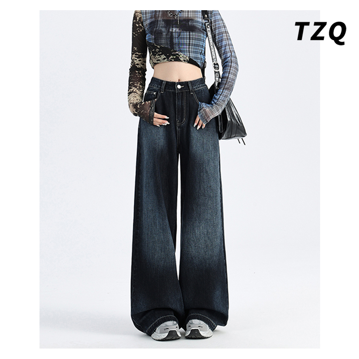 深蓝色渐变阔腿牛仔裤女2025秋季