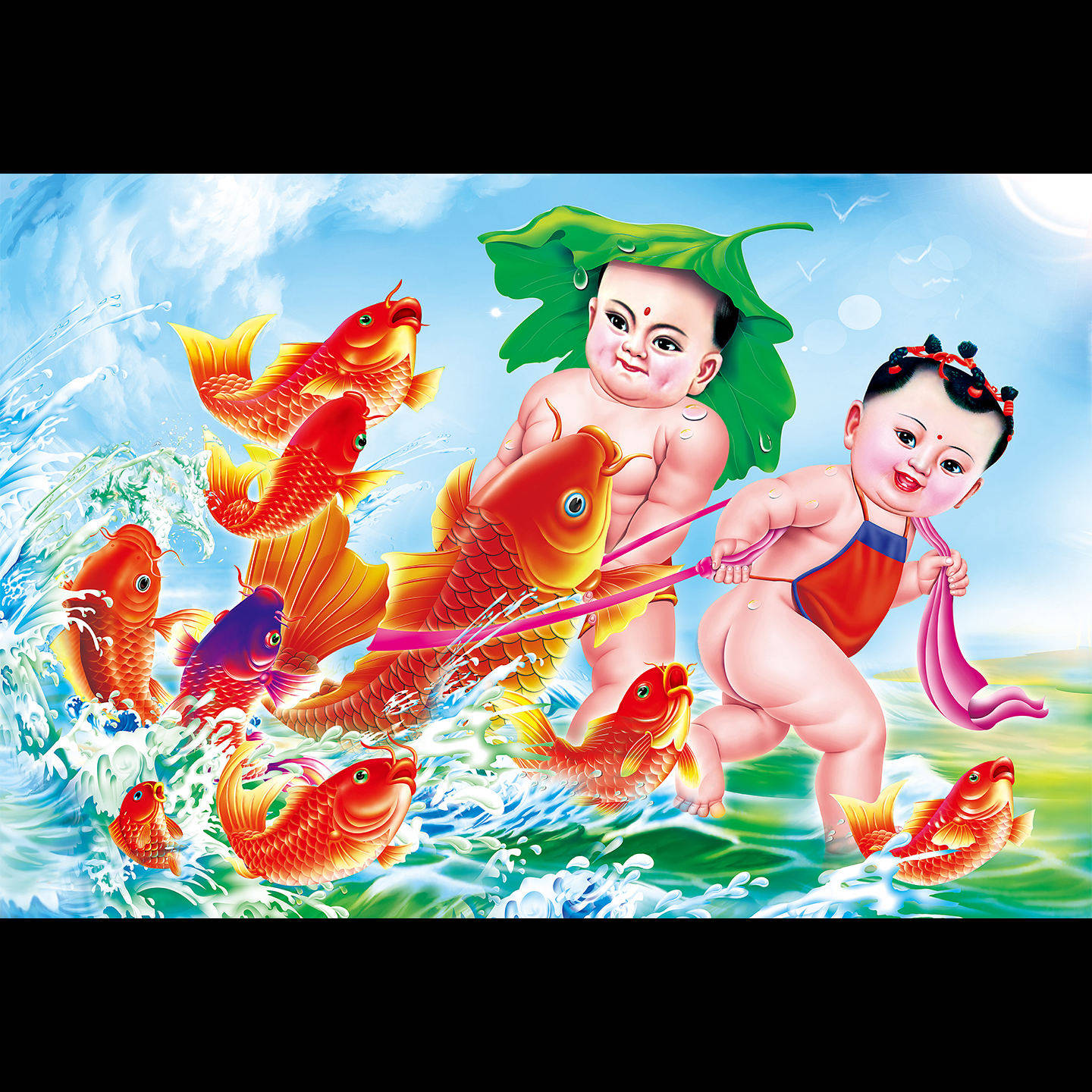 福娃送子年画娃娃2026新款中国风自粘墙贴画客厅沙发九鱼图装饰画