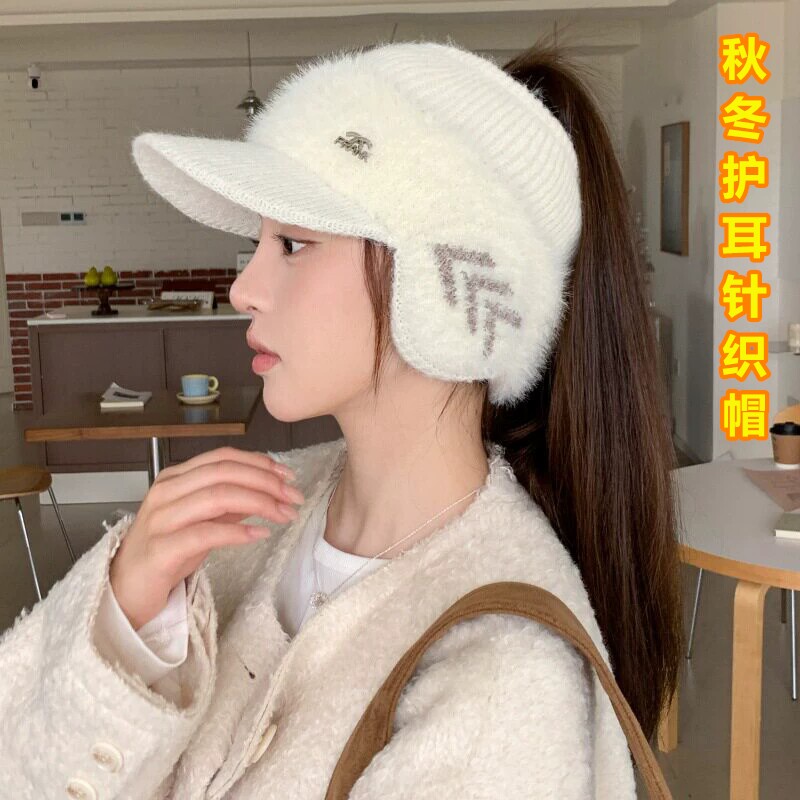 护耳空顶针织鸭舌帽子女秋冬季大头围大脸户外骑行保暖毛线高马尾