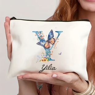 时尚 跨境爆款 制姓名蝴蝶花朵26字母化妆包 化定 手提包 个性