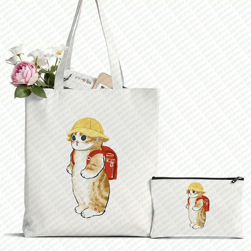 2件套Cute Cat猫咪鲨鱼猫印花帆布袋单肩包折叠袋化妆包来图定 制