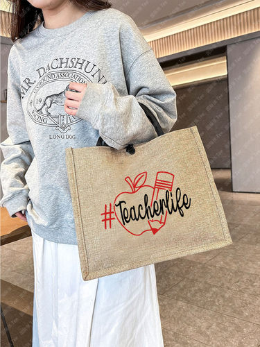 跨境外贸潮流Teacher教师节礼物印花亚麻包单肩包手提袋购物袋
