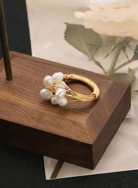 天然手工淡水珍珠戒指 小众设计感气质复古细线缠绕气质女戒