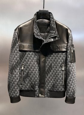 欧货2025冬季时尚高端真皮拼接提花立领羽绒夹克男休闲保暖外套潮