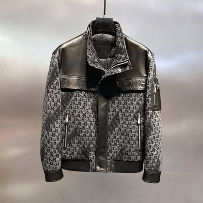 欧货真皮拼接提花立领羽绒夹克男