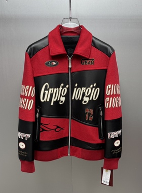 BM撞色真皮拼接机车皮衣羊毛呢大衣短款潮牌男士夹克外套2025新款