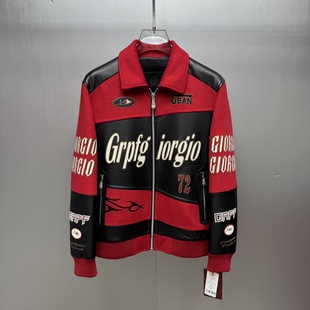 夹克外套2025新款 BM撞色真皮拼接机车皮衣羊毛呢大衣短款 潮牌男士